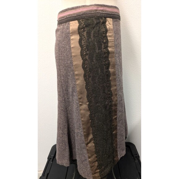 Y2K Anthropologie Brown/Pink Tweed Wool/Silk Blend Skirt sz 10 Preppy Lace - Picture 4 of 11